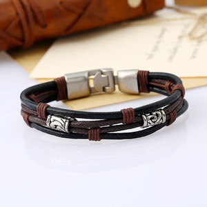 <span class=keywords><strong>Pulsera</strong></span> de cordón tejido para hombre de cuero auténtico vintage con hebilla de aleación estilo envolvente chapado en rodio - Product Image 6