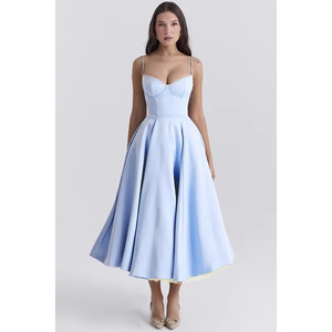 Robe mi-longue de style resort décontracté, taille empire translucide, printemps, robe formelle bleu <span class=keywords><strong>Mademoiselle</strong></span> pour adultes, couleur unie, OEM - Product Image 2