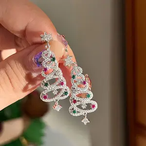 New Màu CZ Giáng Sinh Cây Bông Tai Cầu Vồng Xmas Tree Dangle Bông Tai Long Lanh Kỳ Nghỉ Tuyên Bố Giáng Sinh Bông Tai Quà Tặng