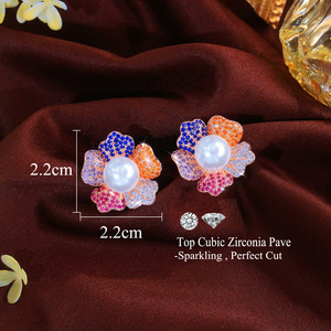 Orecchini a Perno Multicolore con Zirconi Cubici, Orecchini a Fiore con Perla per Donna, <span class=keywords><strong>Gioielli</strong></span> da Festa Placcati in Oro Rosa - Product Image 6