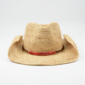 Chapeau de soleil de cowgirl pour femmes chapeau de plage de protection UV de style national de voyageur en raphia avec garniture de perles chapeau de cowboy d'été - Product Image 1
