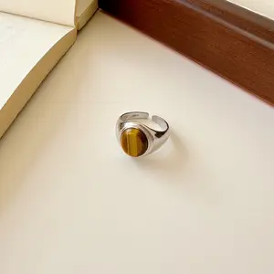 Artistic Design Retro Tiger Eye Stone Ring 925 Silver For Woman Open Alphabet Rings