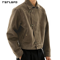 Veste en daim rétro de luxe pour homme, de haute qualité, lourde, avec boucle asymétrique de pompier vintage, logo personnalisé
