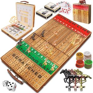 Jeu de course de chevaux en bois pliable, en bois naturel, portable, pour 2 joueurs, avec dés, cartes, jetons et pions - Product Image 3