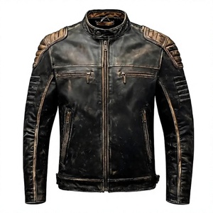 Blouson de moto en cuir véritable pour homme LONG MISSION INDUSTRY, col montant, fermeture éclair, couleur unie, finition délavée, coupe ajustée - Product Image 1