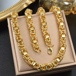 Set di collane abbinate all'ingrosso, bracciali in acciaio inossidabile placcato oro, lisci e brillanti, con maglia cubana densamente intrecciata, unisex - Product Image 1