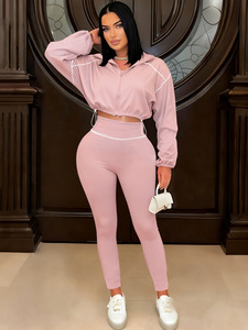 Ensemble de sport décontracté pour femmes, printemps et automne, couleur unie, manches longues, fermeture éclair, vêtements pour femmes, ensemble deux pièces amincissant - Product Image 1