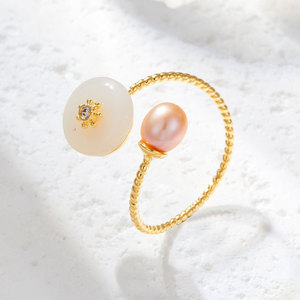 Retro Elegant Freshwater Pearl Imitation Jade Open Ring New Chinese Style High End Adjustable Index Finger Ring - Product Image 4