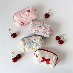 Cute Floral Quilted Mini <strong>Lipstick</strong> Bag Cotton Mini Makeup Pouch With Bow for Women Lip Gloss <strong>Case</strong> Travel Daily Beauty Accessory - Product Image 2