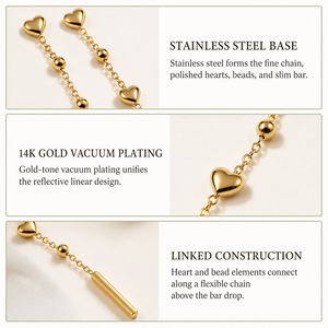 Pendientes Largos Colgantes de Acero Inoxidable con Cadena de Corazones y Barra, Chapados al Vacío en Oro de 14K y Plata - Product Image 4