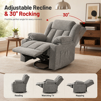 Fauteuil inclinable en tissu gris surdimensionné, pivotant, avec porte-gobelet, poche de rangement et dossier rembourré, pour salon