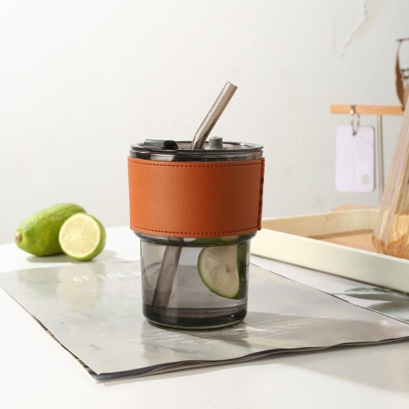 Smokey grey cup + brown leather cup holder