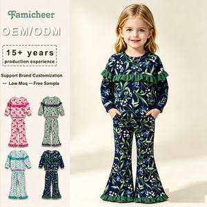 Set Pigiama per Bambine con Stampa Personalizzata OEM, <span class=keywords><strong>Felpa</strong></span> con Volant e Pantaloni a Zampa, Abbigliamento Caldo e Confortevole - Product Image 1