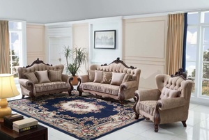 Ensemble de canapés en bois massif européen, meubles de salon traditionnels rembourrés en velours avec accoudoirs à volutes et dossier capitonné - Product Image 3