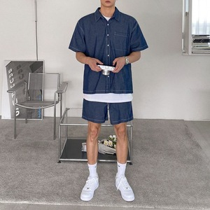 Veste en jean à manches courtes style coréen rétro pour hommes, manteau de travail d'été avec costume court coupe ample - Product Image 2