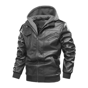 US grande taille fausse <span class=keywords><strong>capuche</strong></span> noir marron hiver chaud moteur motard manteau hiver extérieur en <span class=keywords><strong>cuir</strong></span> PU jean moto veste pour hommes - Product Image 5