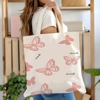 Tas Tote Kanvas Motif Kupu-kupu Bunga Romantis, Cetak Slogan Kustom, Pegangan Pink, Tas Selempang Kasual, Tas Tote Katun Elegan Wanita yang Luas