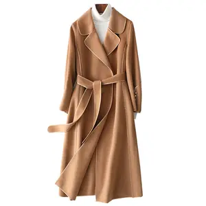 High Quality Factory Wholesale Custom Solid Color Long Style Woman Trench Belted Wool Fabric For Coat