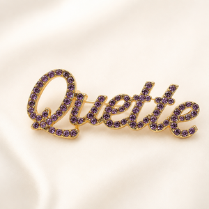 Broche de revers de haute qualité pour femme, ornée de strass violets, avec design de logo symbole <span class=keywords><strong>Quette</strong></span> de Fraternité Grecque et motif Partenaire OPP - Product Image 3