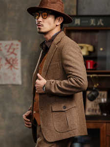Veste en laine <span class=keywords><strong>marron</strong></span> pour hommes en <span class=keywords><strong>tweed</strong></span> britannique rétro de haute qualité simple boutonnage costume mince <span class=keywords><strong>Blazer</strong></span> plat rembourré décontracté - Product Image 2