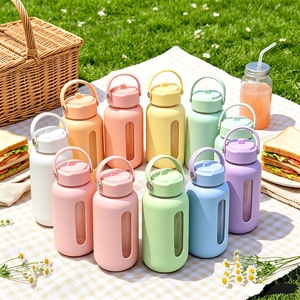 Bouteille d'eau en verre borosilicate avec couvercle à poignée portable, étanche, personnalisable, en silicone de qualité supérieure, OEM ODM - Product Image 6