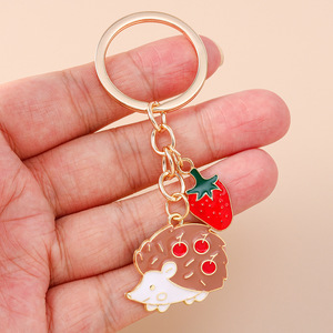 Cute Cartoon Hedgehog Enamel Keychains - Assorted Fruit & Plant Decor <b>Key</b> <b>Ring</b> for Bag/<b>Car</b> Gift Accessories - Product Image 2