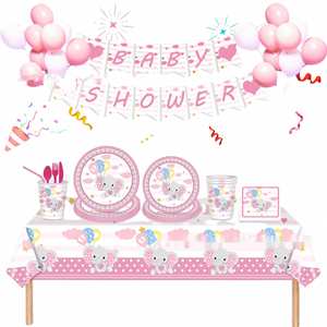 Artículos para Fiesta de Niña con Temática de Elefante Rosa: Mantel, Vajilla, Plato, Vaso, Pancarta, Servilletas, Set de Decoración - Product Image 1