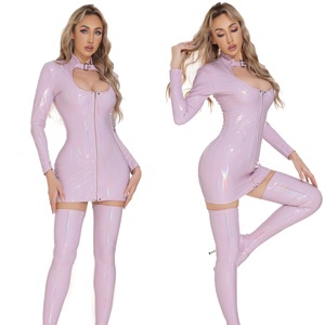 Multicolore Sexy Rose PU Cuir Bodycon Party Club Robes Vestido Femmes Manches Longues Coupe Basse Fermeture Éclair Élastique <span class=keywords><strong>Latex</strong></span> Mini <span class=keywords><strong>Robe</strong></span> - Product Image 6