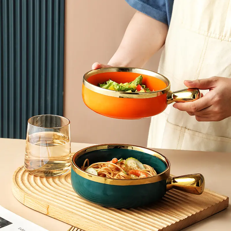 Piatto da forno con perline rotonde oro e verde insalatiera in ceramica con manico ciotola per zuppa in porcellana teglia per lasagne piatto da forno Bakeware