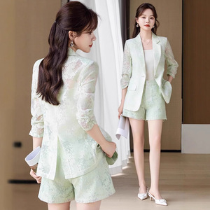 Women's Green Lace Suit Set Summer Lightweight Breathable Shorts Two Piece Casual Jacket With Floral Pattern - Product Image 1