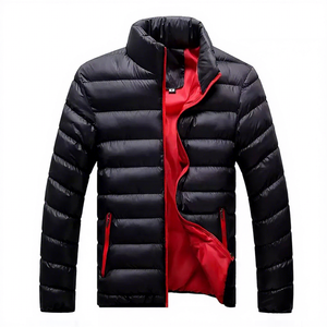 Men's <b>Black</b> <b>Puffer</b> Jacket Solid Color Windproof Winter Casual Zipper Closure Stand Collar Polyester Wadding Slim Fit - Product Image 5