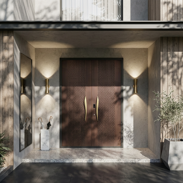 Oversized architectural pivot entry door in bronze finish