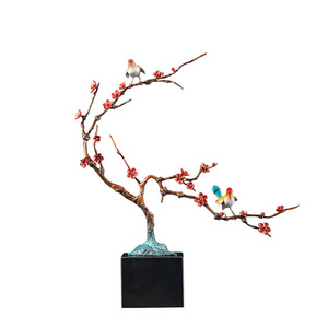 Ornement en laiton Cuivre et Or, motif Fleur de Prunier et Oiseau, Double Bonheur, Décoration de Table pour Salon, Cadeau de Pendaison de Crémaillère - Product Image 1