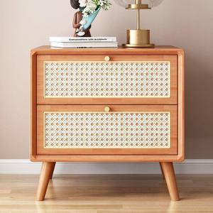 Solid Wood <b>Bedside</b> Table With Wicker Drawers Natural Color Japanese Style Bedroom <b>Storage</b> Cabinet - Product Image 1