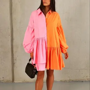 Vestido corto de manga larga con volantes y dobladillo para verano, minivestido camisero africano para mujer, color contrastante