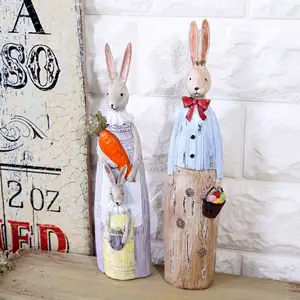 复古美国乡村仿真木雕复活节家居装饰摆件树脂工艺品创意情侣兔子摆件