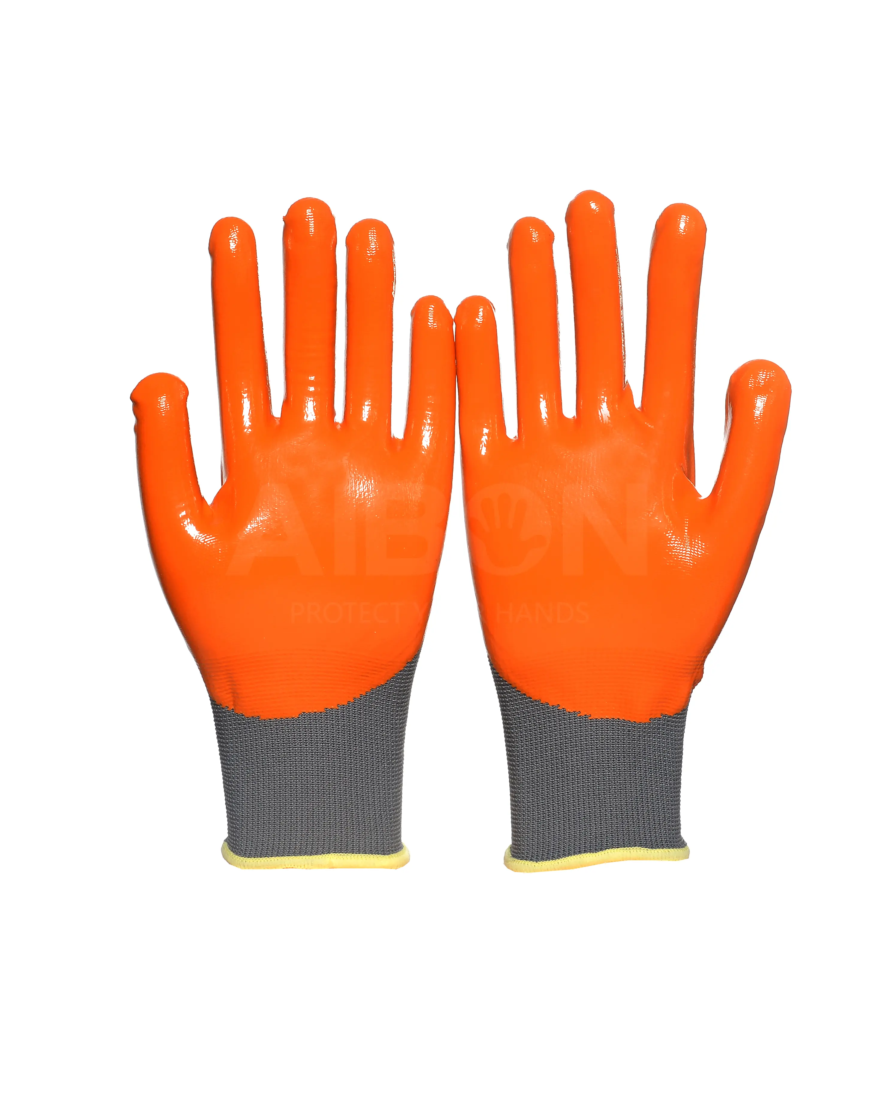 red-orange color, skin fused textured elbow length blended super transparent sanitized skeleton nitrile foam coated gloves
