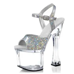New women's thick heel 18 cm transparent crystal bottom laser fish mouth star high heels model walk show pole dance women's shoe