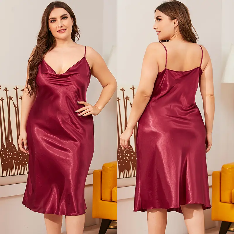 Pajama Lounge Wear Women's Sleepwear Sexy Night Dress Wholesale Plus Size 3x Robes Satin 100% Polyester Summer Plain Dyed V-neck