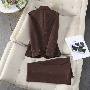 Women's Brown <b>Sequined</b> Suit Set Satin Anti-Wrinkle Professional Workwear Casual Style - Product Image 4