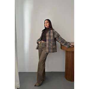 Chaqueta de Cuero Sintético a Cuadros Marrón al por Mayor para Damas y Niñas, Otoño Primavera, Talla 3XL, Corta, Relleno de Poliéster, Ribete en el Cuello, Blazer Teñido - Product Image 3