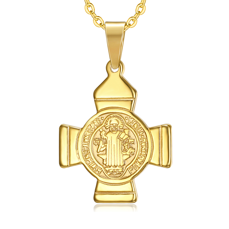 Crucifix Hommes Bijoux Religieux En Acier Inoxydable Accessoires Or Croix Catholique Saint Benoît Pendentif Collier