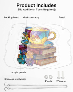 Puzzle en acrylique motif tasses de thé et livres en vitrail, attrape-soleil, décoration suspendue pour fenêtre, vente en gros, logo personnalisé - Product Image 3