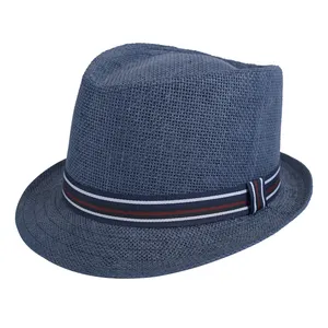 2024 Hot Sale Girls Boys Straw Trilby Fedora Cap Fedora Hat Short Brim Dark Blue Felt Straw Trilby Hat For Children