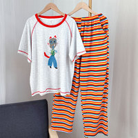 Ensemble décontracté 2 pièces d'été style coréen pour jeunes femmes, avec haut à manches courtes imprimé renard et pantalon rayé ample, idéal pour l'extérieur et la maison