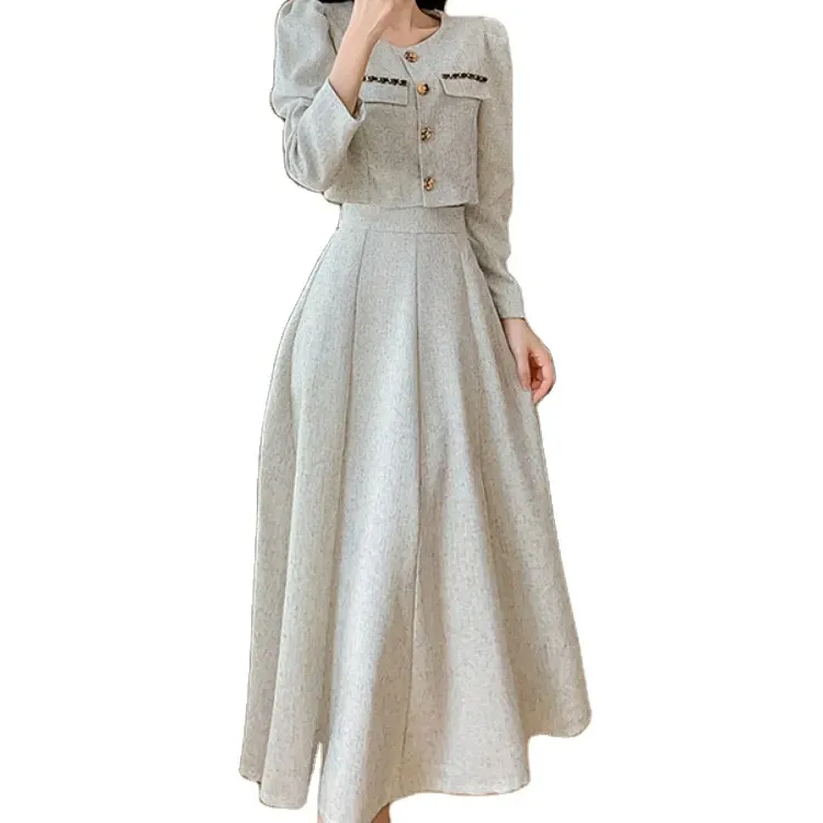 New Outono Moda Pequena Fragrância Casaco Curto Cintura Alta Comprimento Médio Saia Senhoras Terno Coreano Womens Vestuário Two Set Piece