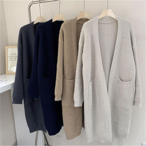 الكورية نمط واحد حجم مريحة الركبة راجلان كم سترة الخريف والشتاء طويلة جيب سترة منسوجة تريكو - Product Image 3