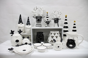 Ensemble de Décoration de noël: la <span class=keywords><strong>maison</strong></span> Blanche avec lumière Ange figurines, Arbre De Noël En Céramique, Blanc noir renne - Product Image 3