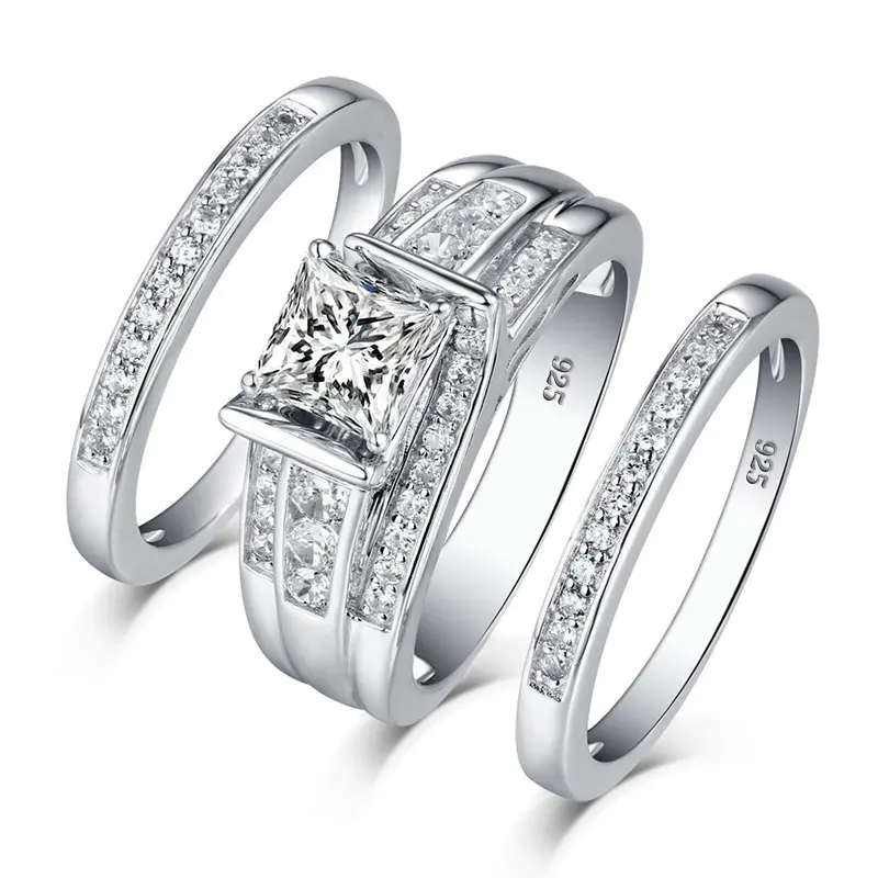 Klassischer Luxus feiner Schmuck Princess Cut Diamond 925 Sterling Silber Verlobung ringe Paar Frauen 3 Stück Ringe Set