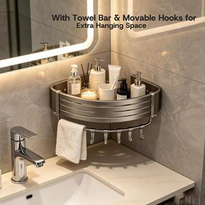 Étagère d'angle de salle de bain gris bronze, support de rangement mural sans perçage pour toilettes et lavabo - Product Image 3